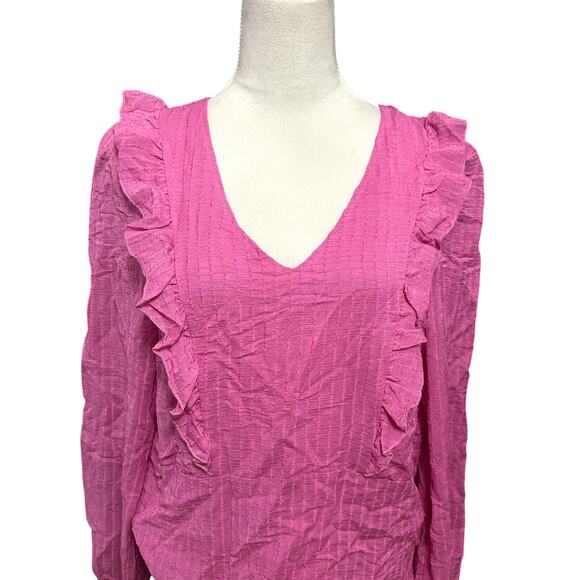 Vero Moda V-Neck Blouse Ruffle Details Lightweight Striped Pattern Pink S NWOT - Picture 2 of 8
